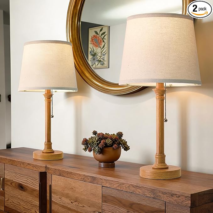 Oneach 19.5" Small Table Lamps Set of 2, Pull Chain Switch Bedside Table Lamps, Modern Nightstand Lamp with Linen Shade, Rustic Lamp for Living Room, Bedroom, Home Office, Nursery