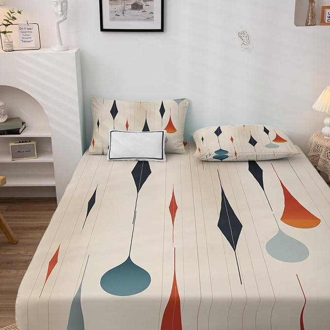 Mid Century Modern Bed Sheets Twin Size, Geometric Abstract Sheet Set, Soft Microfiber Deep Pocket Wrinkle Free Fitted Sheet & Flat Sheet & Pillowcase Sets, Neutral Retro Bedding Sheets - 3 Piece