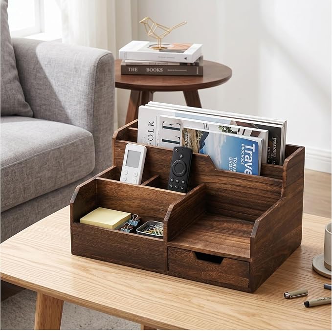 Pumtus Brown Wooden Desk Organizer, Mail Organizer with 7 Compartments and Drawer, Rustic Mail Sorter with Pen Holder, Tabletop Mail Basket, Office Accessories Holder for File Letter Document