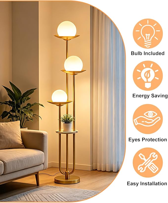 Lightdot 3-Globe Dimmable Floor Lamp with Table Modern Floor Lamps 3000K Warm White Bulbs Included Gold Tall Standing Lamp with 5Lbs Heavy Base for Living Room/Bedroom/Sofa Beside/Corner Decor