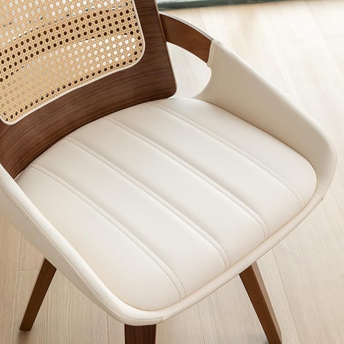 Set of 4 Swivel Rattan Dining Chairs - Walnut Dining Chairs with Bentwood Frame with Ergonomic Cane Back, Curved Arms, MCM DiningChairs for Kitchen/Conference/Restaurant/Living Room (Walnut Beige)