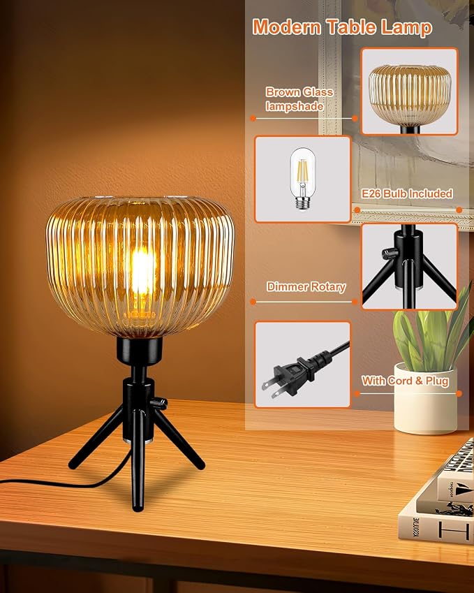 Lightdot Tripod Glass Table Lamp Black Small Desk Lamp with Brown Striped Glass Shade, 3000K Warmwhite Dimmable Nightstand Lamp for Bedroom/Bedside/Living Room/Study Room/Home Decor