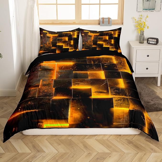 Orange Black Bed Set 3D Glowing Buffalo Duvet Cover Full Size Modern Abstract Art Full Bedding Sets Geometric Plaid Comforter Cover, Gradient Futuristic Cubes Bed Cover (Black Reversible)