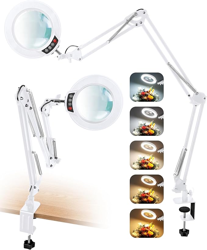 10X Magnifying Glass with Light and Clamp, Ultra Long 3 Section Swing Arm LED Desk Lamp, Real Glass Lens, 5 Color Modes Dimmable, Hands Free Lighted Magnifier with Stand for Repair Crafts - White