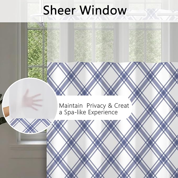No Hook Plaid Shower Curtain with Snap in Liner - Purple & White Checkered Design, Waterproof Fabric Hotel Shower Curtains for Bathroom with See Through Mesh Top Window, 71x74 Inch