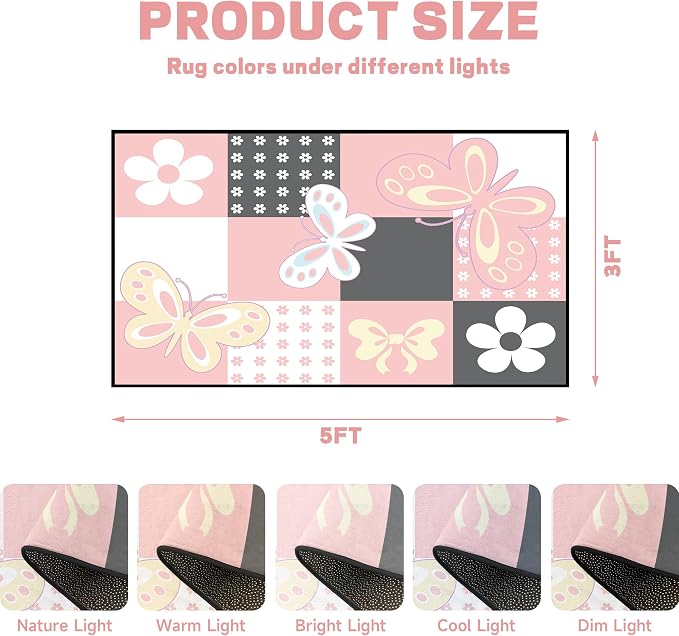 3'x5' Butterfly Area Rug Pink Butterfly Checkered Rugs for Entryway Bedroom Living Room Kitchen Home Decor Cute Flower Carpet Washable Non Slip Floor Mat