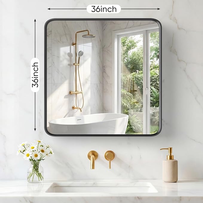 NEWBULIG 36X36 Inch Bathroom Mirror for Over Sink, Wall Vanity Mirrors Tempered Glass, Anti-Rust Metal Framed Rounded Rectangle, Hangs Horizontally or Vertically, Farmhouse Home Decor, Black