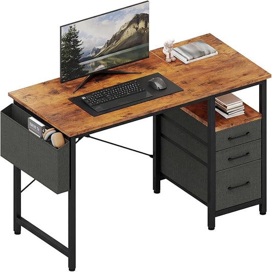 DUMOS 39" Computer Desk with Storage, Small Home Office Desk with 3 Fabric Drawers & Side Pocket, Space Saving Writing Desk for Apartment, Dorm, Gaming Workstation, Rustic Brown