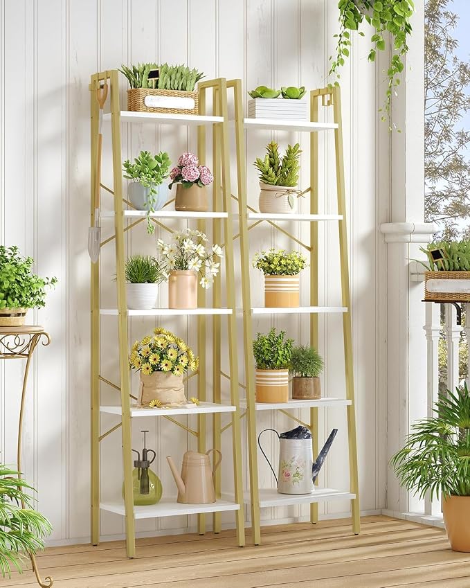 Hzuaneri Ladder Shelf, Bookshelf Bookcase, Freestanding Corner Storage Shelve with 2 Hooks for Home Office, Living Room, Kitchen, Bedroom, Industrial, 11.8" D x 17.3" W x 63" H, White Gold BC19213G