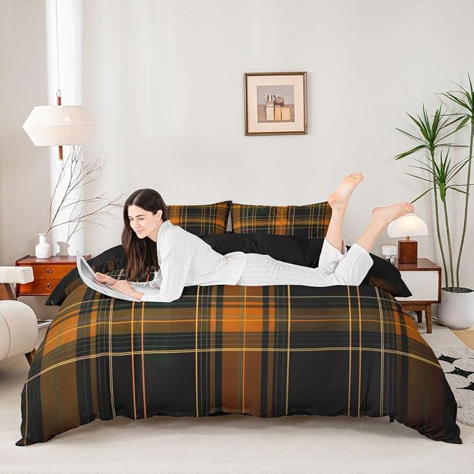 Erosebridal Orange Black Geometric Duvet Cover Full Grid Checkered Comforter Cover for Kids Teens Rustic Farmhouse Cabin Decor Bedding Set Retro Stripes Lines Bed Set with Zipper