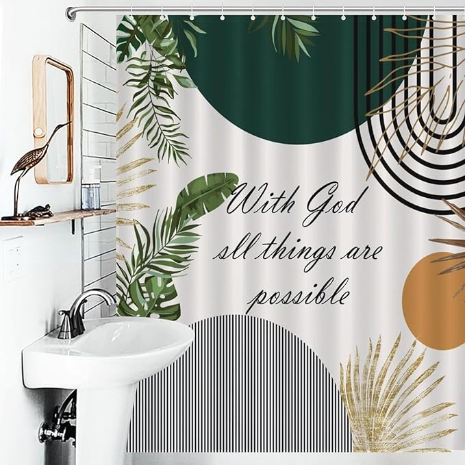 Boho Bible Verse Shower Curtain Abstract Christian Quotes Mid Century Gold Leaves Minimalist Arch Scriptures Washable Waterproof Fabric for Bathroom Decor Bathtub with 12 Hooks 55x72in（140x183cm）