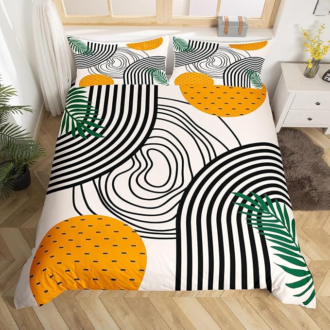 Erosebridal Modern Comforter Cover Abstract Art Bed Set, Orange Black White Aesthetic Duvet Cover Twin Size Retro Minimalism Bedding Sets, Mid Century Bedspread Cover Geometric Striped Decor