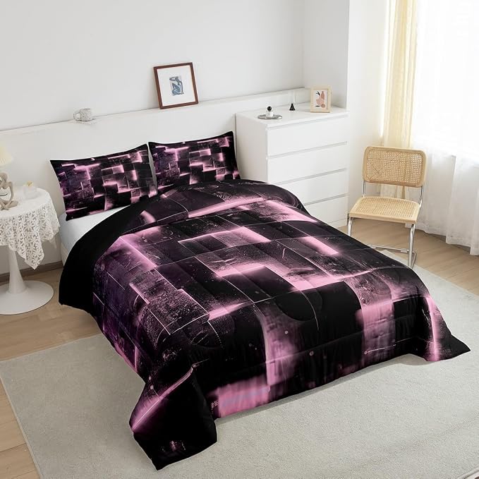 Pink and Black Bedding King 3D Glowing Buffalo King Comforter Set, Modern Abstract Art Bedding Comforter Sets Geometric Plaid Duvet Insert, Gradient Futuristic Cubes Down Comforter (Black Reversible)