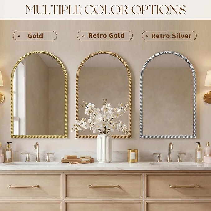 Uniclinens Gold Arched Mirror Decor - Large Vintage Mirror Decor with Twisted Rope Metal Frame,Antique Mirror for Fireplace, Living Room, Hallway, Bathroom,Entryway, 24"X36"