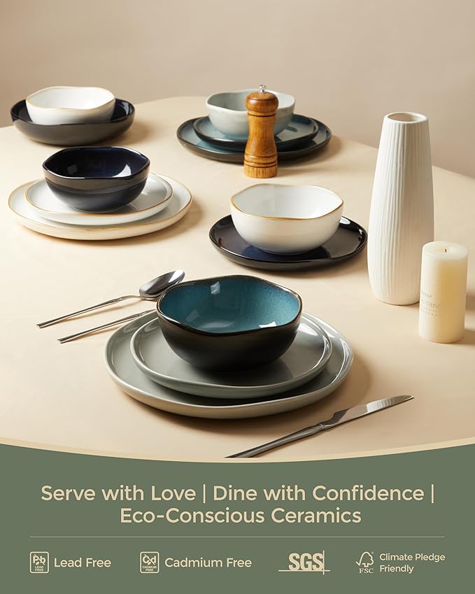 Dinnerware Sets for Family of 6, Ceramic Plates and Bowls Set, Kitchen Dish Set, Microwave & Dishwasher Safe Dishware, Highly Durable Reactive Glazed Dinner Set, Gray Green