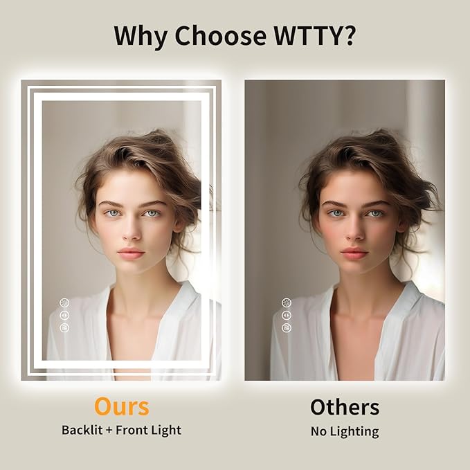 WTTY LED Bathroom Mirror 30"x36" with Backlit and Front Light,Dimmable LED Mirror for Bathroom,Anti-Fog Lighted Bathroom Vanity Mirror Modern for Wall,Memory Function,Shatter-Proof