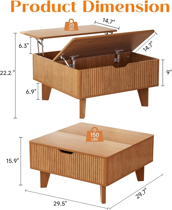 29.7" Lift Top Coffee Table with Storage, Square Wood Fluted Coffee Table for Living Room, Mid Century Modern Center Table with Flip-Top Design for Small Space, Walnut