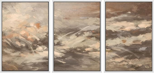 SIGNWIN Framed Canvas Print Wall Art Set Warm Earth Tone Brushstroke Abstract Illustrations Modern Art Decorative Boho Relax/Zen Nordic for Living Room, Bedroom, Office - 24"x36"x3 White