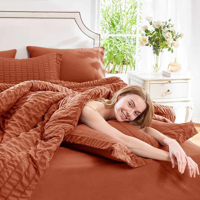 CozyLux King Size Comforter Set Burnt Orange, 7 Pieces Seersucker Textured Bed in a Bag Terracotta, All Seasons Bedding Set with Down Alternative Comforter, Sheets, Pillowcases & Shams, Home Gift