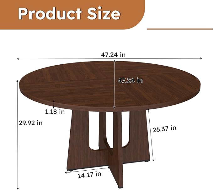 47" Round Dining Table for 4-6,Mid Century Modern Walnut Wood Grain Table,Rustic Kitchen Table with Cross Legs for Dining Room Kitchen