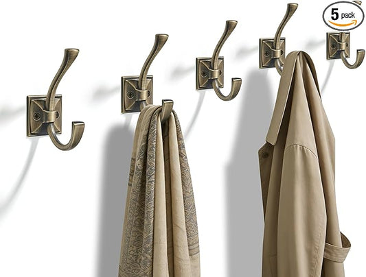 TUNNY 5 Pack Antique Design Wall Hanging Coat Hooks - Brushed Antique Brass Coat Hooks Towel Hook for Entry Shoe Cabinet, Wardrobe Bathroom Bedroom Furniture Hardware