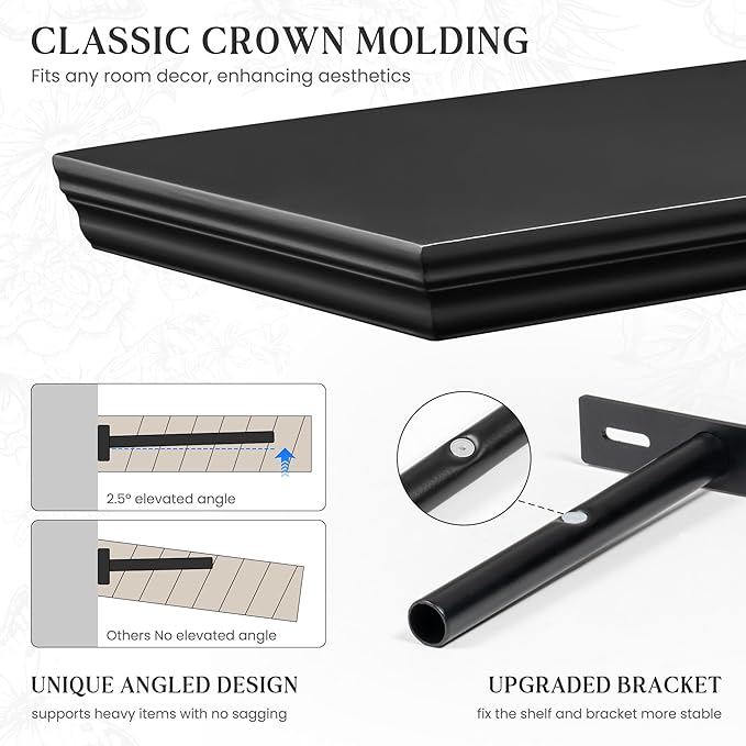 Fun Memories Floating Shelves 55 Inch Long, 9.3 Inch Deep Classic Crown Molding Floating Shelves for Wall, Rustic Wooden Shelves for Wall Decor Bathroom, Kitchen, Office, (Black, 1Pack)