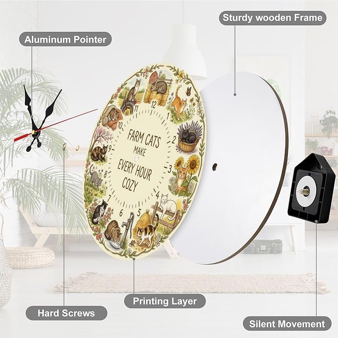 Farmhouse Cat Decor Wooden Wall Clock Silent Non Ticking Battery Operated | Cute Animal Kitchen Bedroom Office Living Room Art Gift