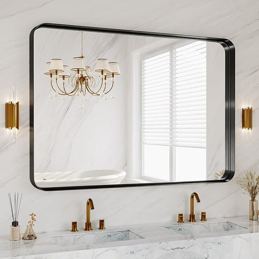 48X36 Inch Black Metal Framed Bathroom Mirror for Wall, Matte Black Vanity Mirror Farmhouse, Large Rounded Rectangle Mirror, Anti-Rust, Tempered Glass, Hangs Horizontally or Vertically