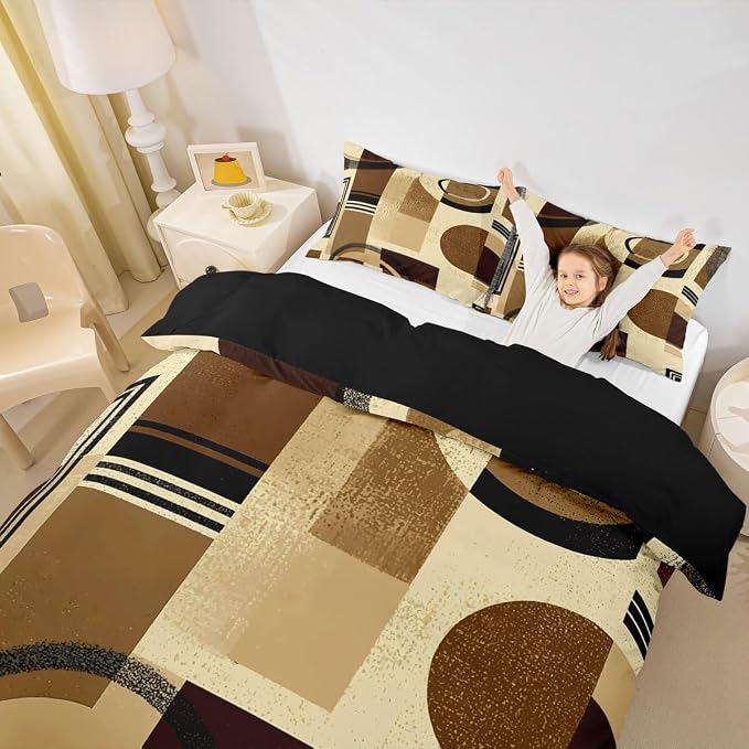 Geometric Striped Circle Duvet Cover Set Twin Size,Abstract Graffiti Retro Squares Bedding Set,Boys Girls Room Decor,Aesthetic Simple Chic Comforter Cover,Brown Quilt Cover,1 Pillowcase(No Filler)