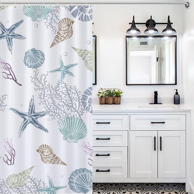 Nautical Coastal Shower Curtain,Summer Coral Starfish Seashell Blue Ocean Beach Shower Curtains for Bathroom Waterproof Polyester Fabric Bathroom Curtain with Hooks,72x78Inch