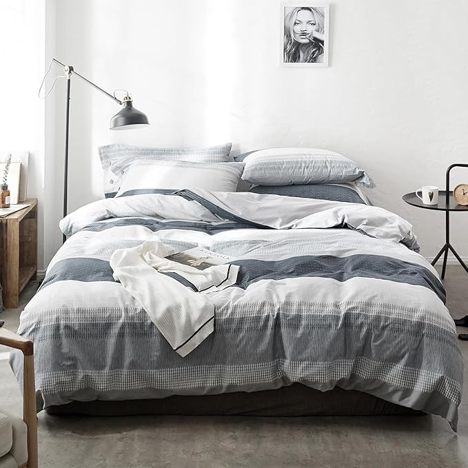 mixinni Geometric Striped Duvet Cover Set - 100% Natural Cotton, Grey & White Stripes, Twin Size, 3-Piece Bedding Set with Zipper Closure