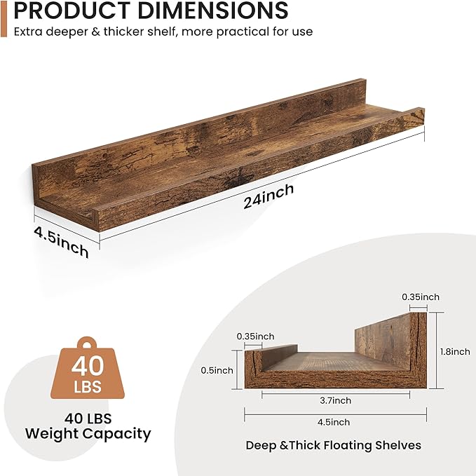 Fun Memories Picture Ledge Shelves Set of 2, 24 Inch Rustic Wall Mounted Floating Shelves with Lip for Home Storage and Décor in Bathroom, Kitchen, Nursery, Bedroom, Living Room, Brown