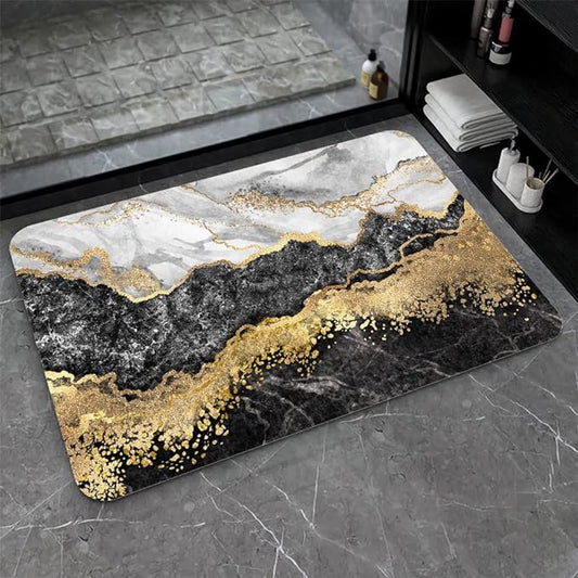 Diatomaceous Earth Bath Mat,Black White Gray Gold Marble Non-Slip Volume Super Absorbent Fast Drying for Bathroom Kitchen Door mat,Eco-Friendly Easy to Clean 16×24Inch (40 * 60cm)