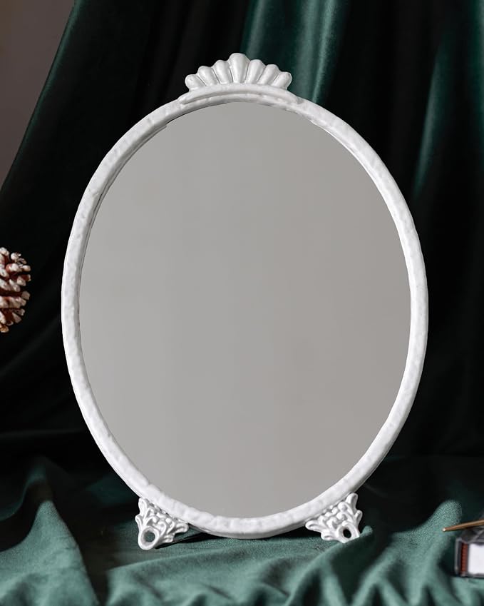 Gold Vintage Decor Vanity Mirror,Baroque Wall Art Retro Oval Mirror,Antique Wall Mirrors Decorative,Maximalist Decor Mirror for Desk Bedroom Bathroom Dresser Wall-Mounted,11.0" L x 7.9" W White