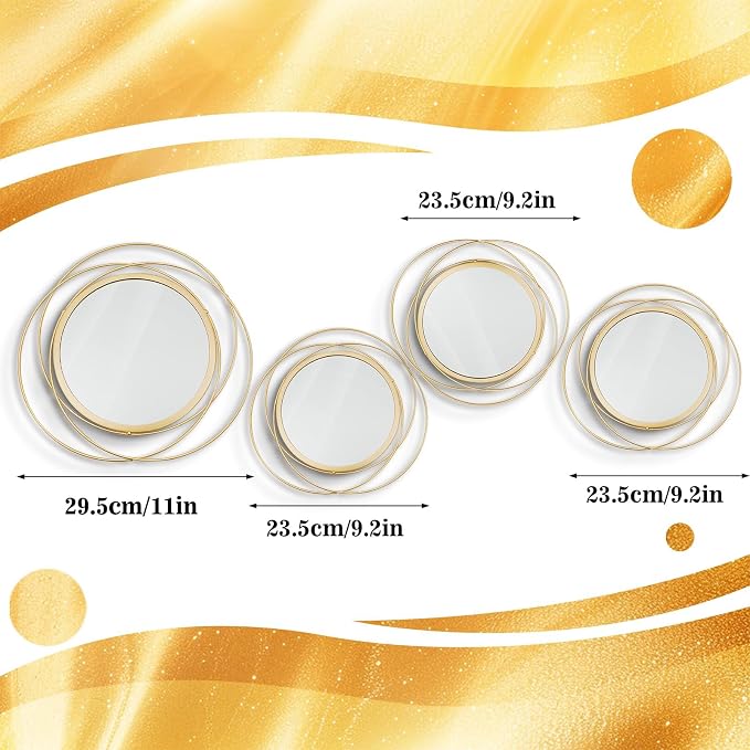 4 Set Circle Mirrors for Wall Decor for Living Room Bedroom Bathroom Entryway Metal Round Mirror Decorative Hanging Mirrors Sun Bohemian Geometric Accent Sculpture -Gold 11 in/9.2 in