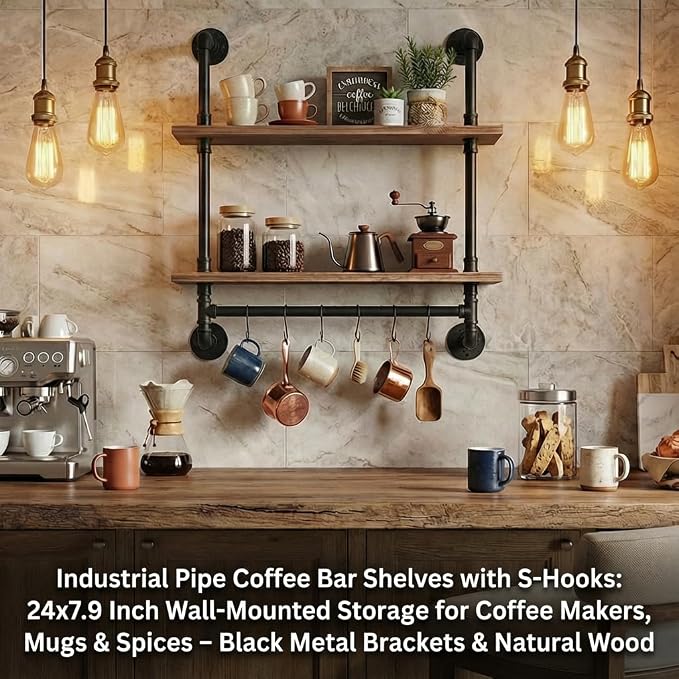ROGMARS 2 Tier 24" Extra Deep Industrial Pipe Floating Wall Shelves | Rustic Pine Wood Pipe Bathroom Shelves with Towel Bar | Industrial Pipe Shelving for Small Space Storage