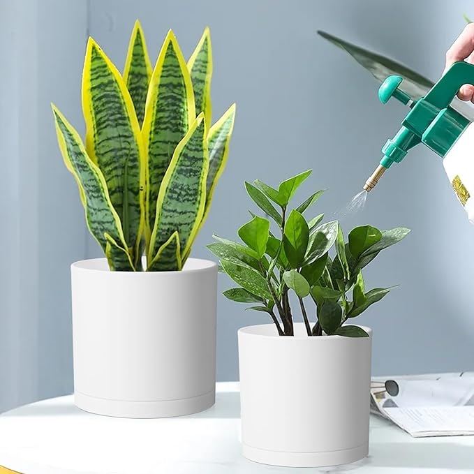 Meowell 12/10/8 inch Large Plant Pots, 3 Pack Deep Cylinder Flower Pots for Outdoor Indoor Plants, Tall Plastic Planters with Drainage Holes and Saucers for Garden House Plants, White