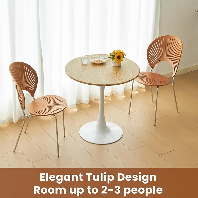 Round Dining Tulip Table for 2, Mid-Century Modern Table with Sturdy Metal Pedestal for Kitchen, Bistro, Cafe, Leisure (Faux Oak, 24 INCH)