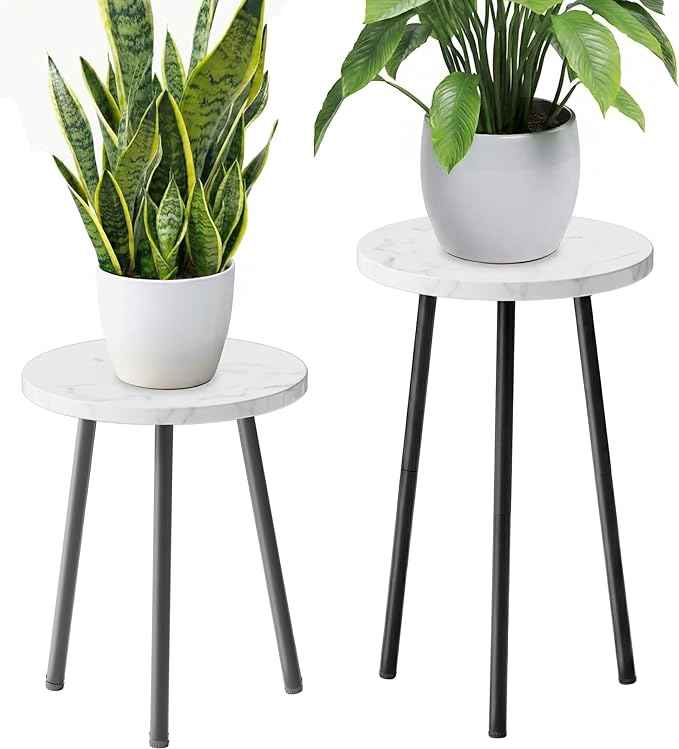 Plant Stand Indoor Tall: Corner Wood Plant Stand 2 Pack Mid Century Modern Decor - Small Round Plant Table for Indoor Plants - Outdoor Plant Holder for Patio Living Room Office (White Marble)