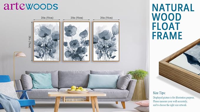arteWOODS Botanical Framed Wall Art - Abstract Watercolor Style Pictures Grey Blue Floral Wall Decor Minimalist Prints Aesthetic Flowers Painting Artwork 20" x 28" Set of 3 Natural Framed