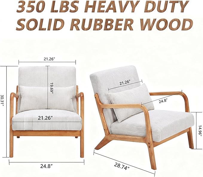 Set of 2 Mid Century Modern Accent Chair with Solid Rubberwood Frame, Comfy Corduroy Reading Armchair with Lumbar Pillow, Compact Lounge Chair for Bedroom, Living Room & Small Spaces