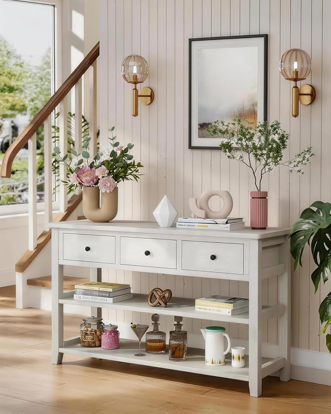 Karl home Console Table Entryway Desk, Sofa Side Table with 3 Drawers 2 Bottom Storage Shelves, Vintage TV Stand for Hallway Living Room Office, Antique White 29.9" H