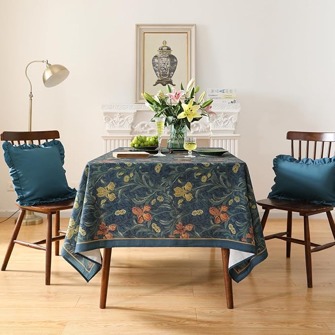 patdrea Designer Vintage Dark Blue Linen Rectangle Tablecloth,French Rustic Floral Pattern Tablecloths,Decorative Table Cover Cloth for Kitchen,Dining,Tea Party,Home,Christmas,63"*110"