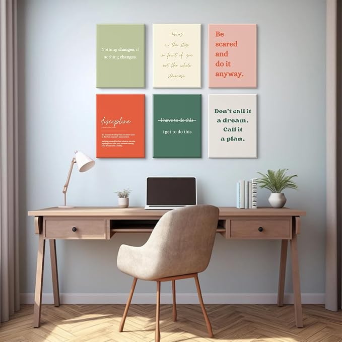 Office Wall Art Motivational Posters Inspirational Quote Canvas Wall Decor Office Positive Pictures Inspirational Classroom Art Motivational Work Prints for Gym Home 8x10 Inch Wrapped Canvas Set of 6