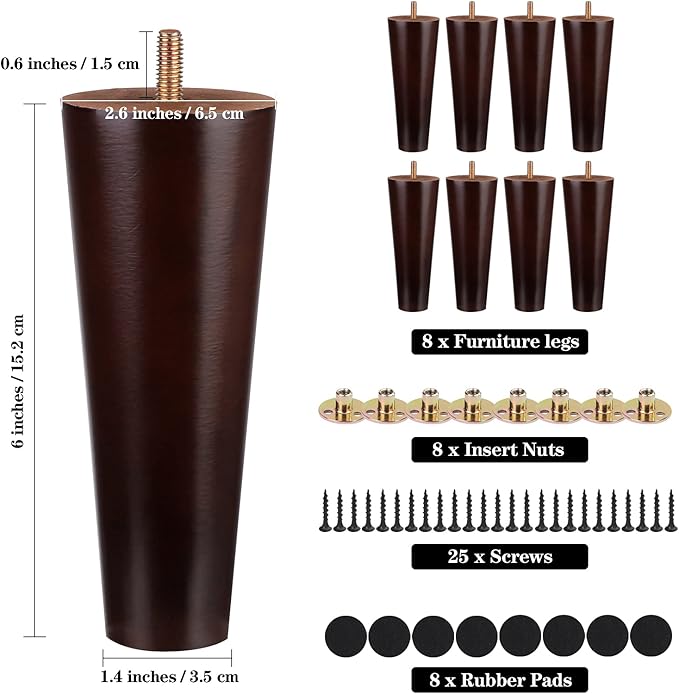 Ruisita 8 Pieces Furniture Couch Legs 6 Inch Round Solid Wood Sofa Legs with M8 T-Nuts Natural Wooden Couch Legs Replacement Leg for Armchair Cabinet Chair Footstool, Mid Century Modern Dresser, Brown