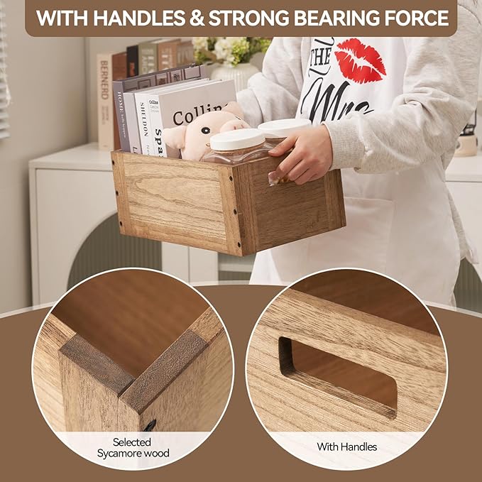 KIRIGEN Stackable Wood Storage Cube Organizer with Handle, Modular Open Cubby Bins for Books, Clothes, Toys, Shoes, Bookcase Shelf for Home Office Bedroom Brown C15-DBR