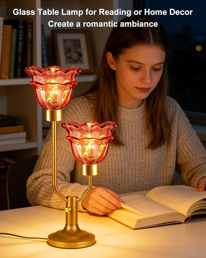 Lightdot Mid Century Modern Flower Table Lamp Dimmable Nightstand Lamp Red Glass Vintage Gold Desk Lamp 2 Bulbs Included Warmwhite Ambient Bedside Lamps for Living Room Bedroom Home Office Decor Gift