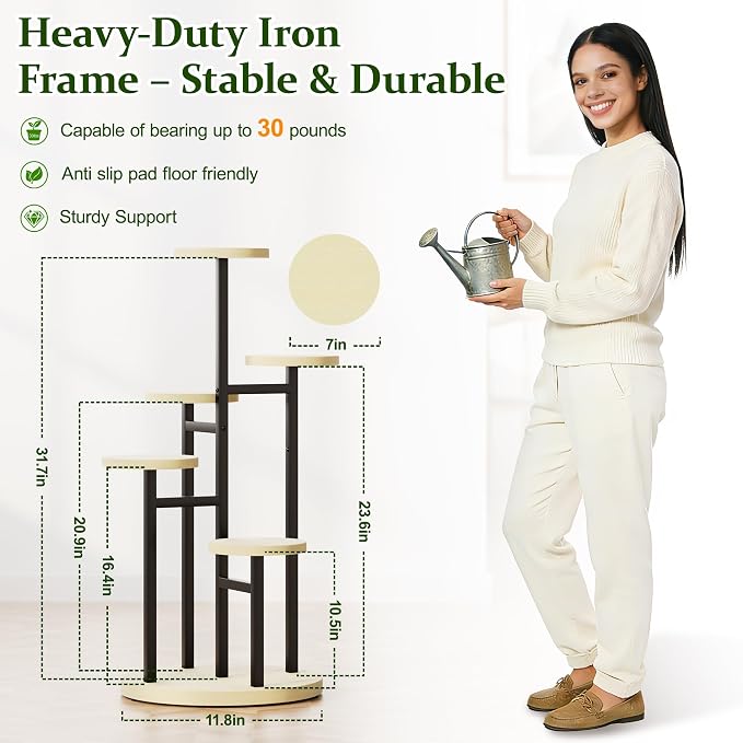 5 Tiers Black Plant Stand Indoor Tall Metal Wood Plant Shelf Outdoor Plant Stands Indoor Plant Table Rack Tiered Plant Stand Garden for Living Room Balcony Patio - RoundLight