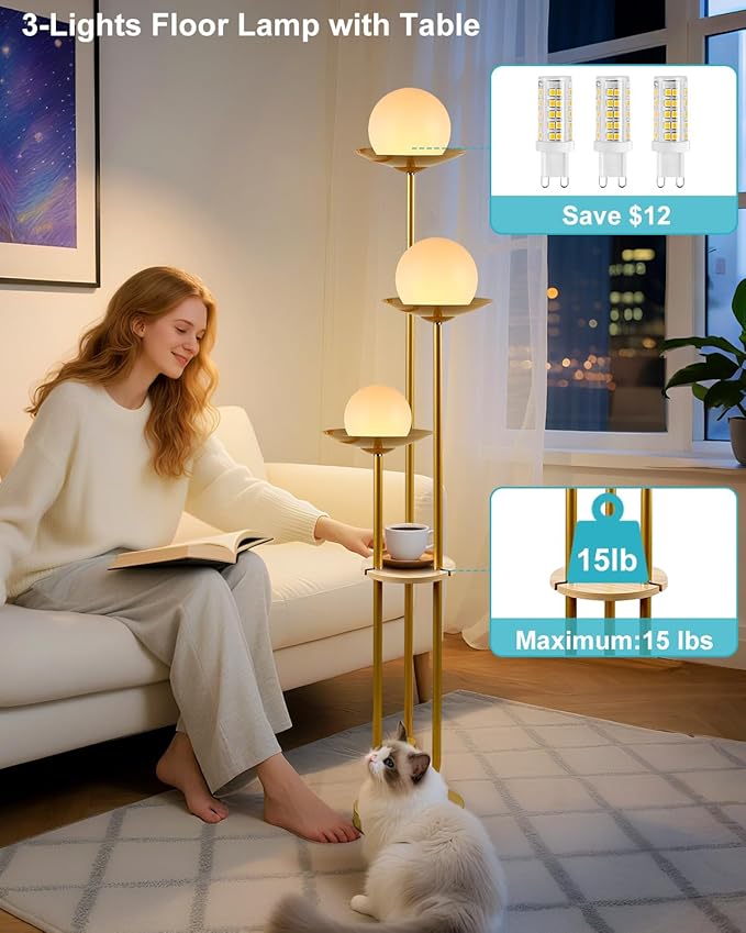 Lightdot 3-Light Globe Floor Lamp with Shelf Modern Dimmable Floor Lamps for Wedding/Party, 3000K Warm White Bulbs Included, Gold Tall Standing Lamp for Living Room/Bedroom/Sofa Beside/Corner Decor