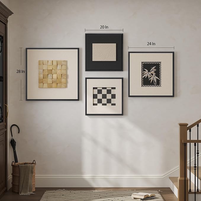 Large Framed 3D Wood Wall Art for Living Room, 4 Piece Modern Geometric Textured Paintings Artwork for Walls, Neutral Black and White Minimalist Wooden Home Wall Decor for Dining Room Hallway Bedroom